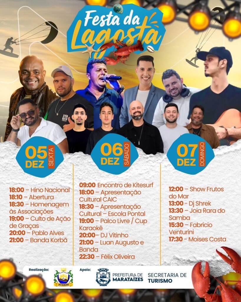 Festa da Lagosta 2025 em Marataízes: três dias de música, cultura, esporte e celebração à tradição local. Confira a programação aqui!